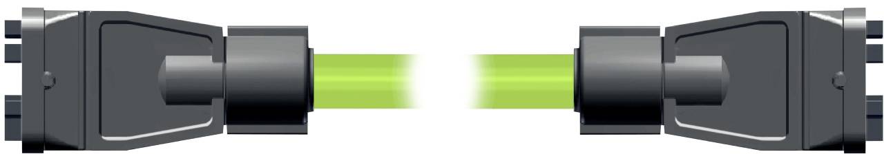 Two black cable connectors facing each other with a bright green beam linking them, suggesting data or power transfer.