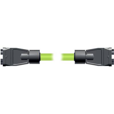 Two black cable connectors facing each other with a bright green beam linking them, suggesting data or power transfer.