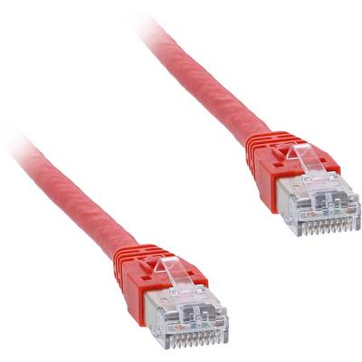 Two red Ethernet cables with RJ45 connectors on a white background, shown diagonally, one near the top right and one near the bottom left.