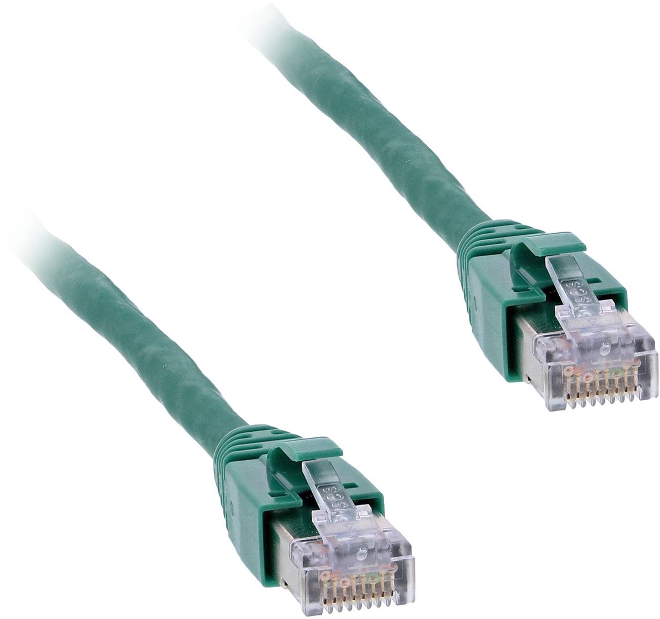 Two green Ethernet cables with RJ45 connectors on a white background.