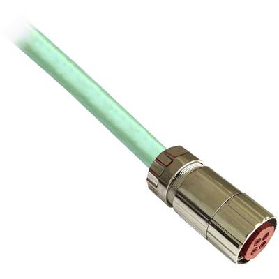 Close-up of a green cable with a shiny metal circular connector on a white background.