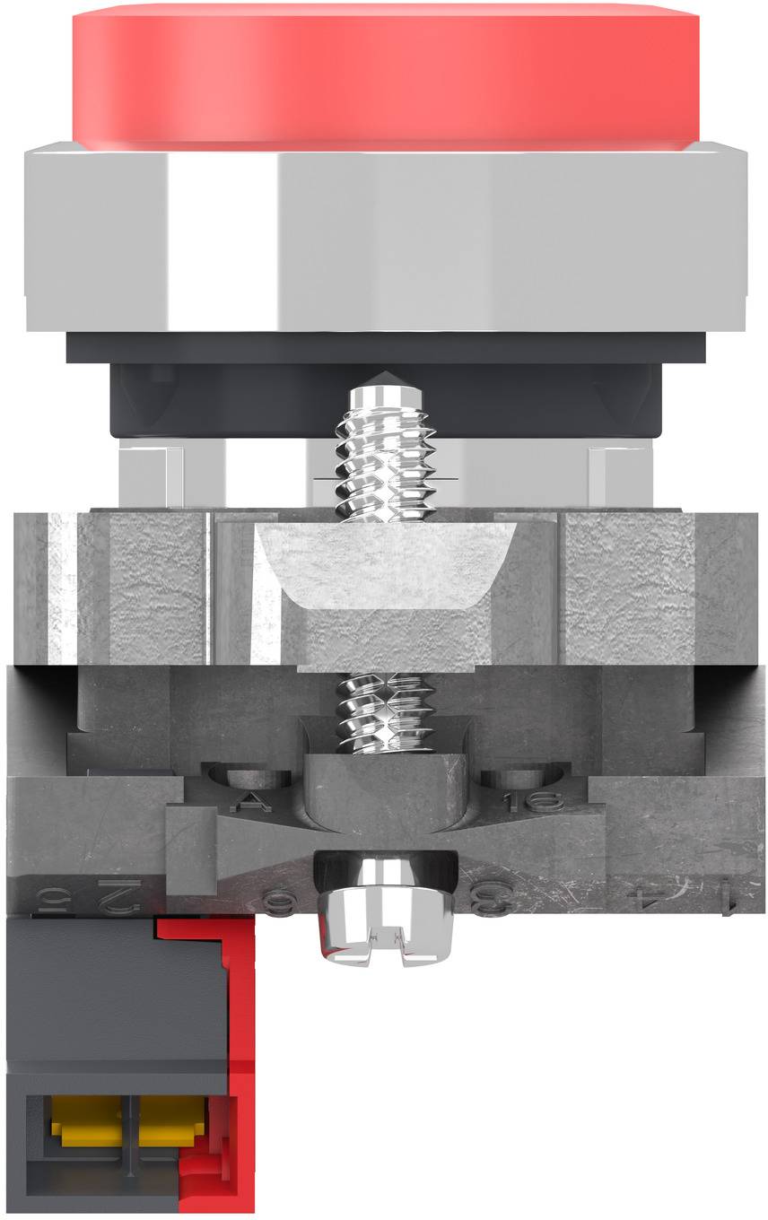 Cross-section of an industrial push button switch showing the red actuator, internal spring and contact mechanism, and terminal connection at the base.