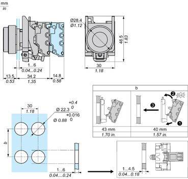 Technical dimension drawing of a mechanical connector/hinge component, showing side, front, and mounting-hole views with measurements in mm and inches.
