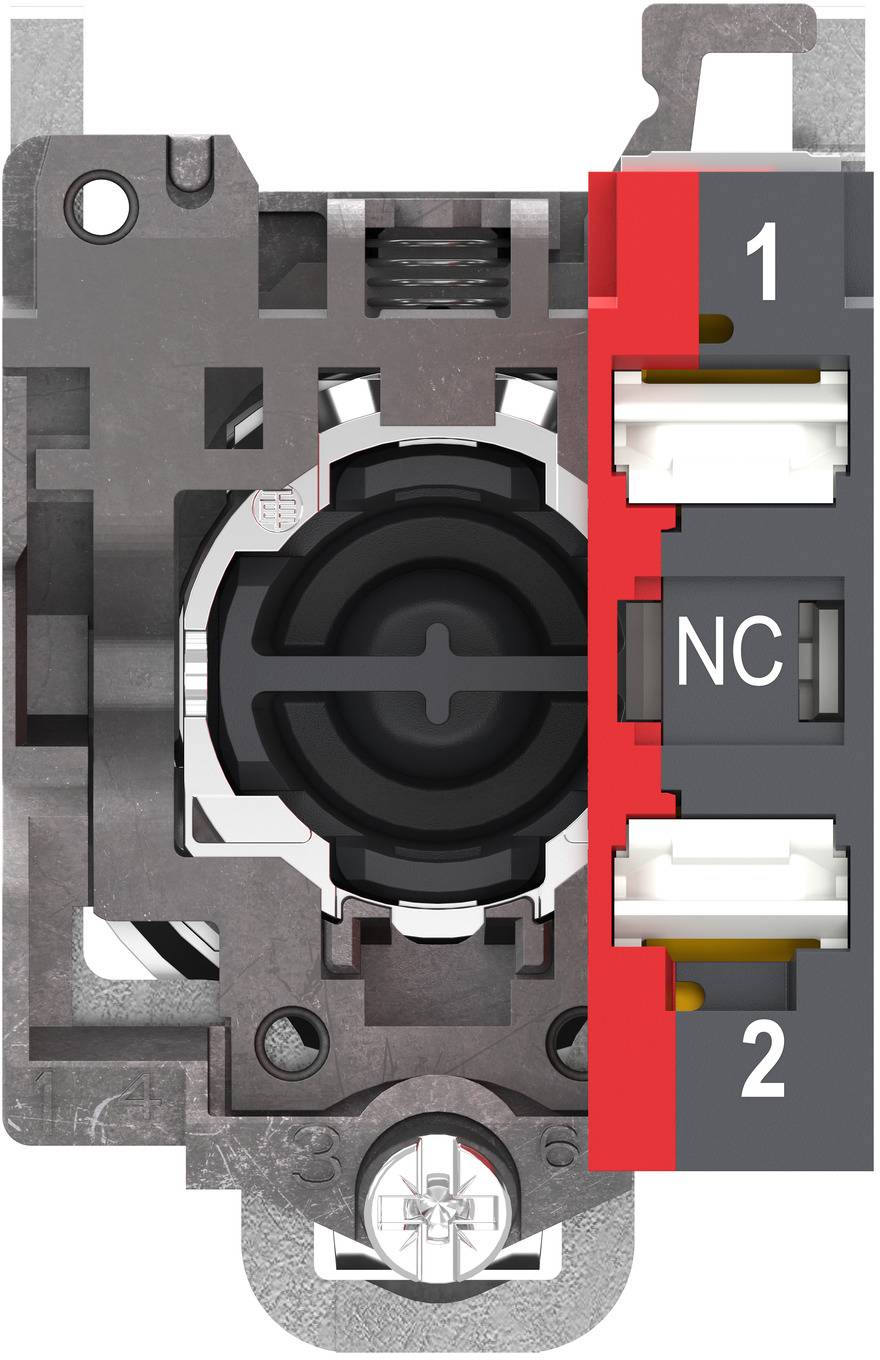 Close-up of an electrical switch terminal block showing contacts labeled 1, NC, and 2 beside a central actuator/connector.