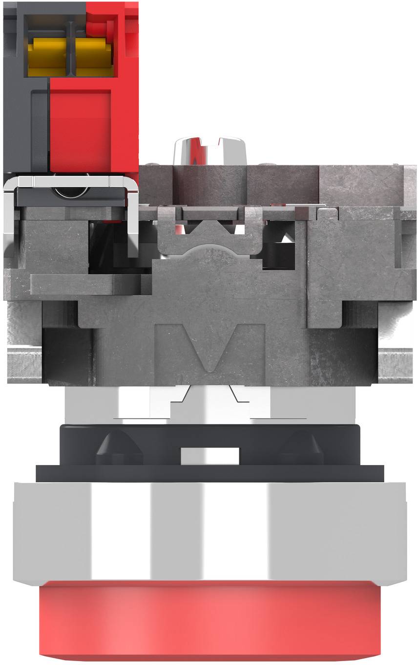 Cross-sectional diagram of a mechanical connector or switch assembly with red and gray components, showing internal parts and housing.