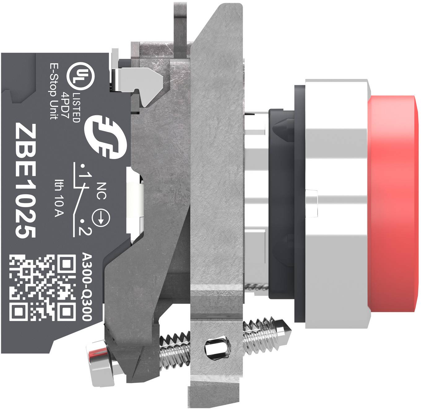 Close-up of an industrial pushbutton switch assembly with labeled contact block, mounting hardware, and red actuator cap.