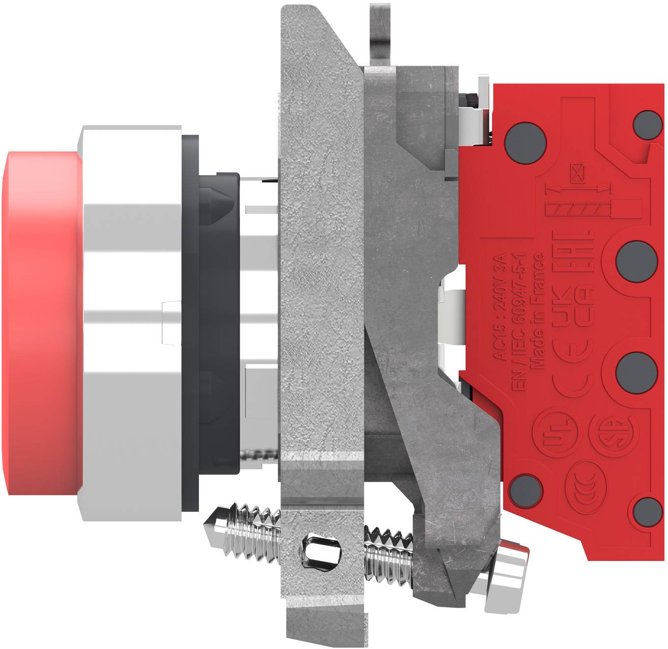 Close-up of an industrial push button switch assembly with a red actuator and red contact block, shown in side view on a white background.