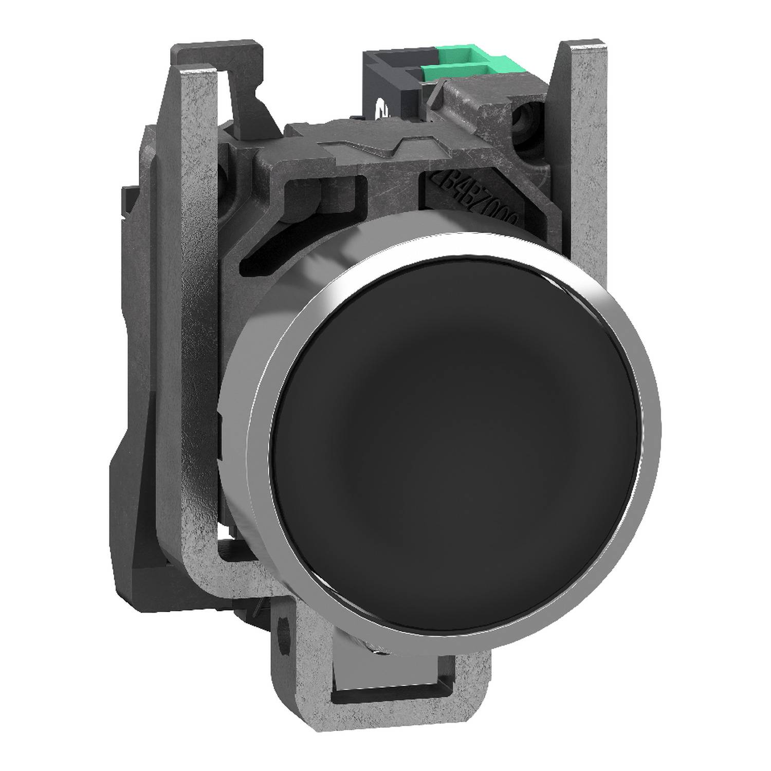 Close-up of a black and silver industrial push button switch module with a round actuator.