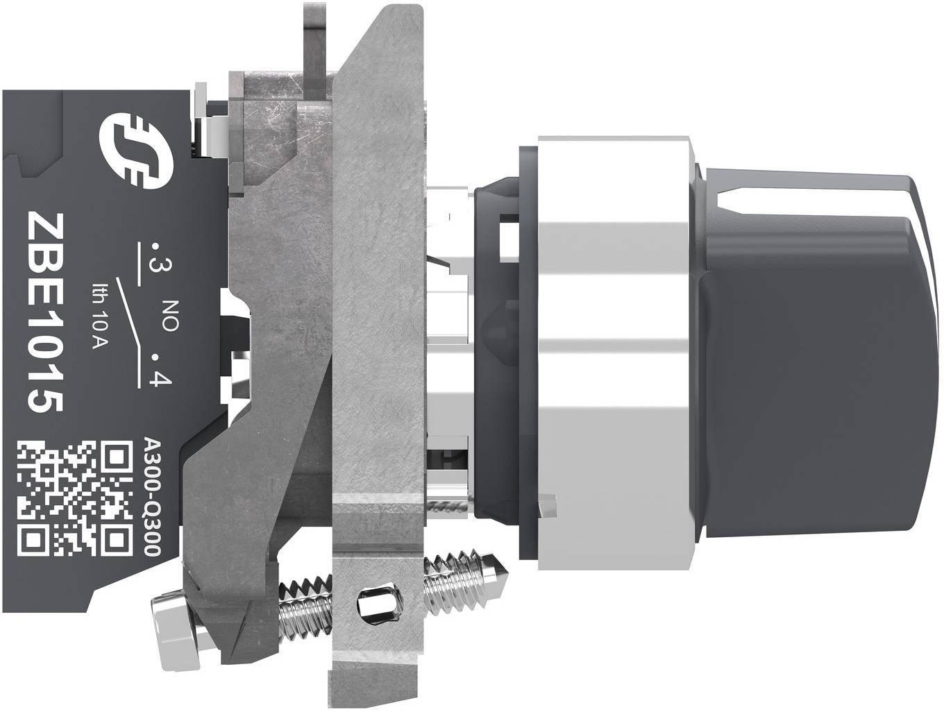 Side view of an industrial push-button switch assembly with black actuator, metal housing, mounting hardware, and labeled contact block 'ZBE1015'.