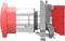 Close-up of an industrial machine component with a large red knob on the left and a red switch block on the right, showing a metal mounting assembly in between.