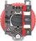 Close-up of an electrical switch module with red circular housing, showing terminals labeled '1', 'NC', and '2'.