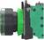 Side view of a green industrial push button switch assembly with black housing and mounting hardware.