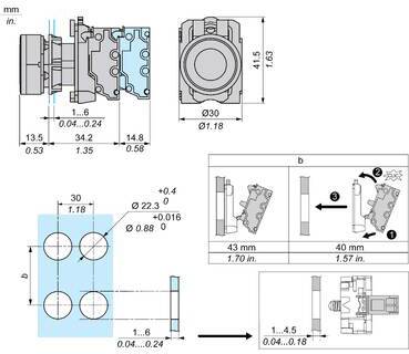 Technical drawing of a mechanical connector showing side, front, and mounting views with millimeter and inch dimensions, hole spacing, and assembly steps.