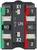 Industrial electrical terminal block labeled X1 and X2, with numbered ports 1 to 4 and NO/NC contact markings on color-coded sides.