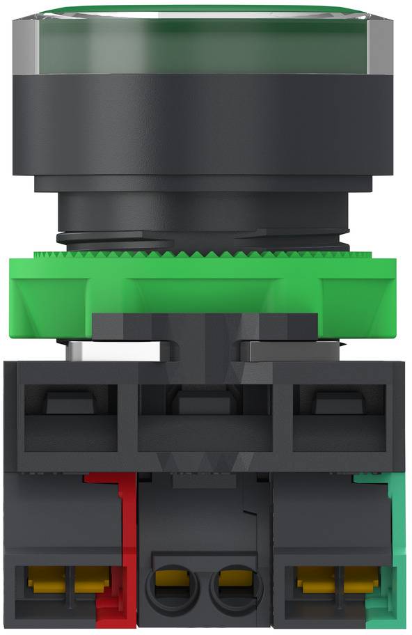 Close-up of a black and green industrial pushbutton switch with a transparent top lens and wiring terminals on the bottom.
