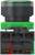 Close-up of a black and green industrial pushbutton switch with a transparent top lens and wiring terminals on the bottom.