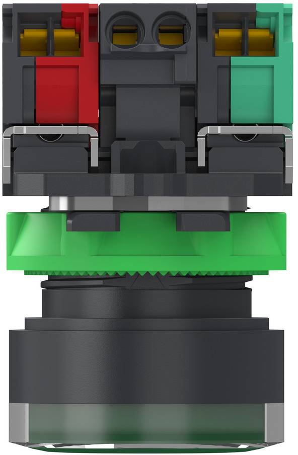 Close-up of a cylindrical industrial sensor or connector with red, gray, and green housing and visible terminal slots on top.