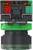 Close-up of a cylindrical industrial sensor or connector with red, gray, and green housing and visible terminal slots on top.