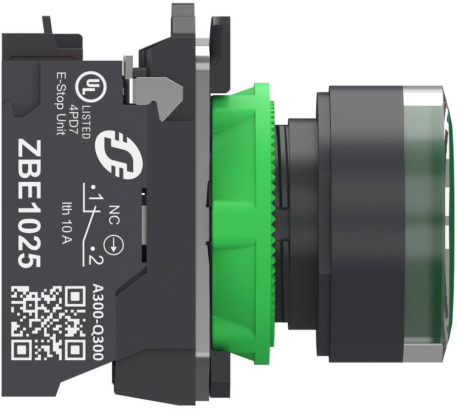 Side view of a black industrial push button switch with a green actuator, labeled 'ZBE1025' and 'NC 10A'.