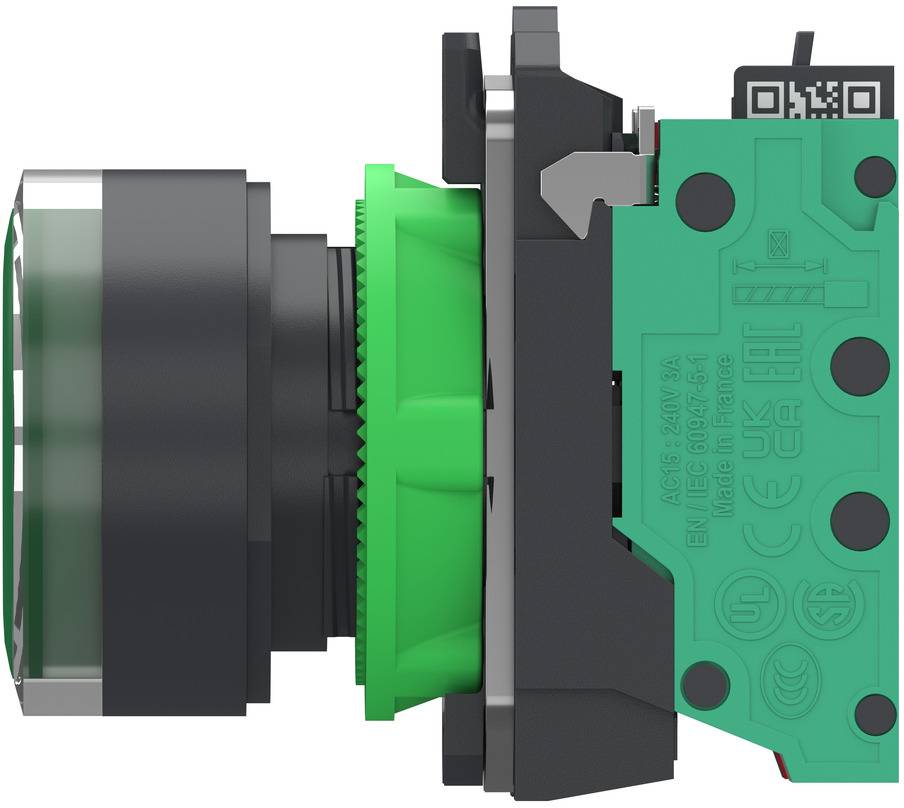 Side view of an industrial pushbutton switch assembly with black housing, green collar, and green circuit module.
