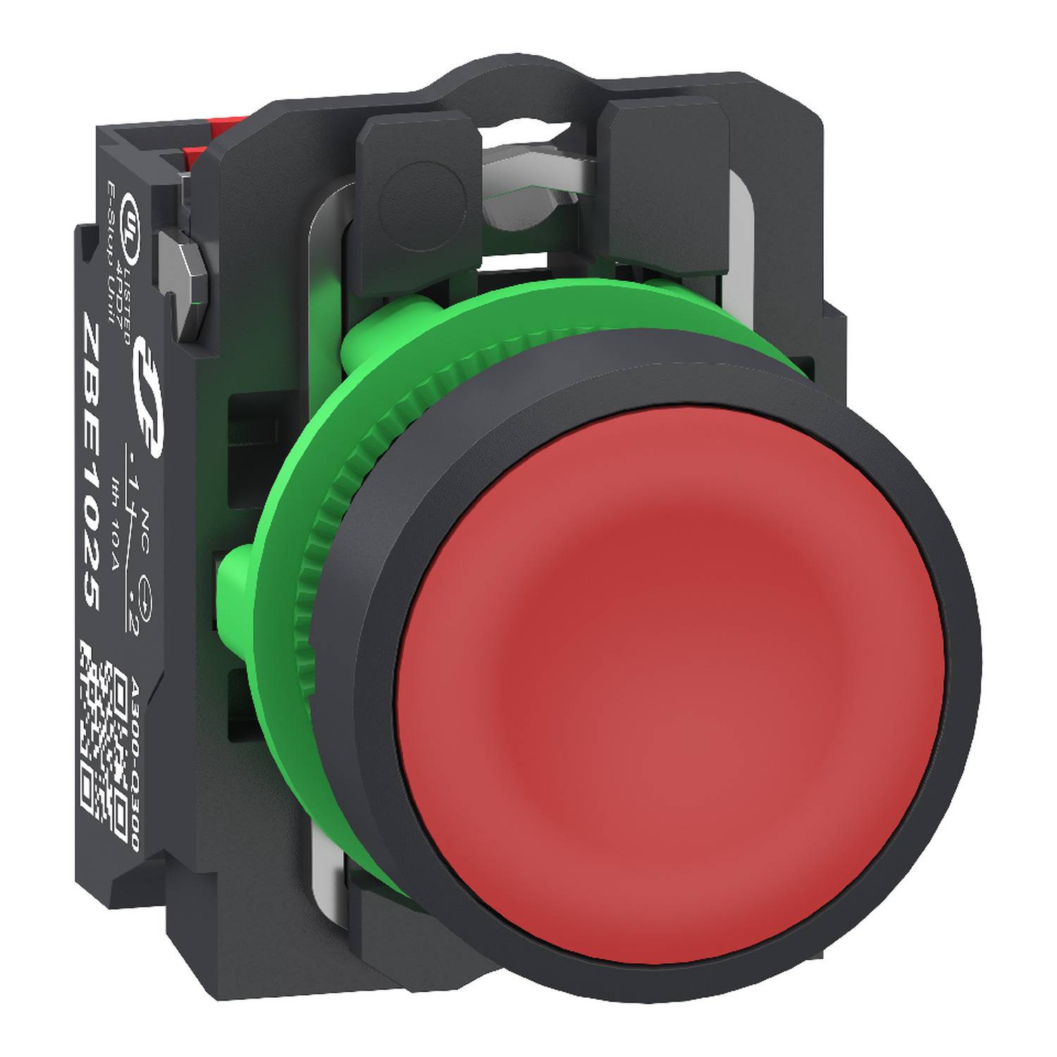 Red industrial push button switch with green collar and black mounting housing, shown in close-up product view.<br>