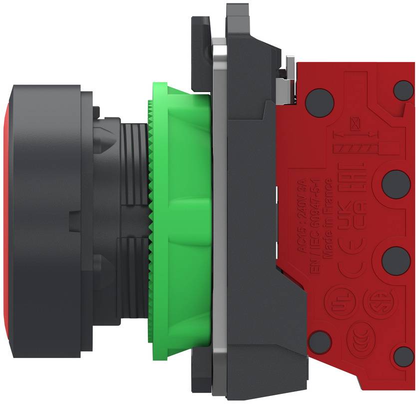 Side view of a red and black industrial push-button switch assembly with a green threaded collar and mounting base on a white background.