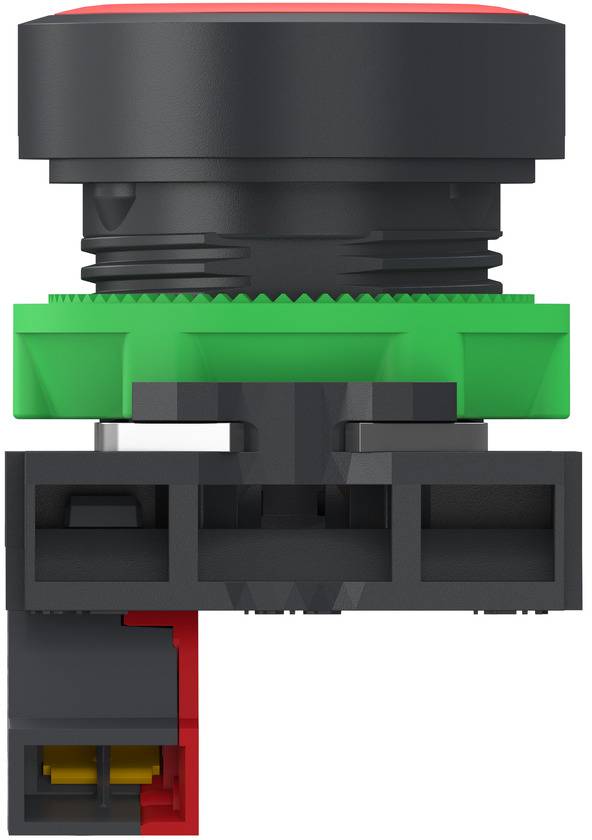 Cross-section of a pushbutton switch showing a black actuator, green retaining ring, and lower terminal housing with internal contacts.
