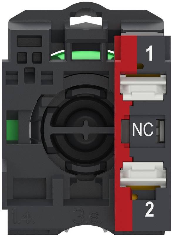 Close-up of a black and red electrical connector terminal block labeled 1, NC, and 2.