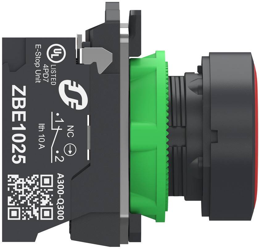 Black emergency stop pushbutton switch with green mounting ring, labeled ZBE1025 and UL listed; side view on white background.