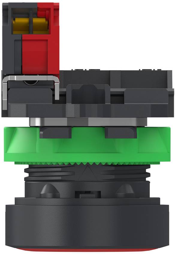 Compact industrial sensor or switch with red top housing, black central body, and green threaded base shown in side view on white background