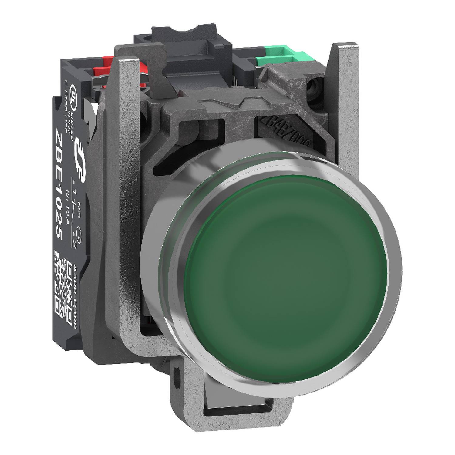 Green illuminated push-button switch with black housing and silver bezel, shown in close-up on a white background.
