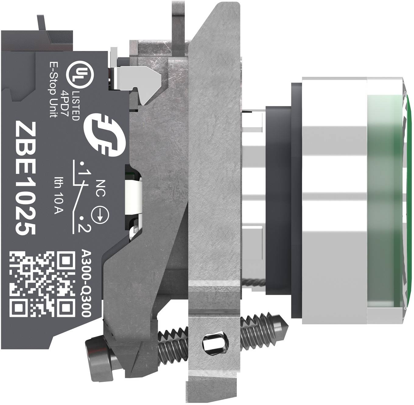 Side view of a push-button switch module labeled 'ZBE1025' with wiring and contact ratings printed on the housing.