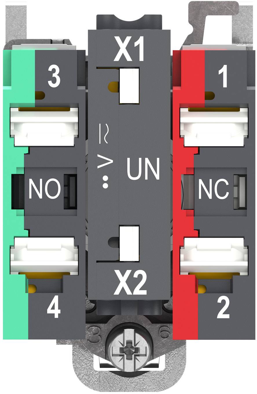Electrical switch module with terminal labels X1, X2, NO, NC, and numbered contacts 1, 2, 3, 4.