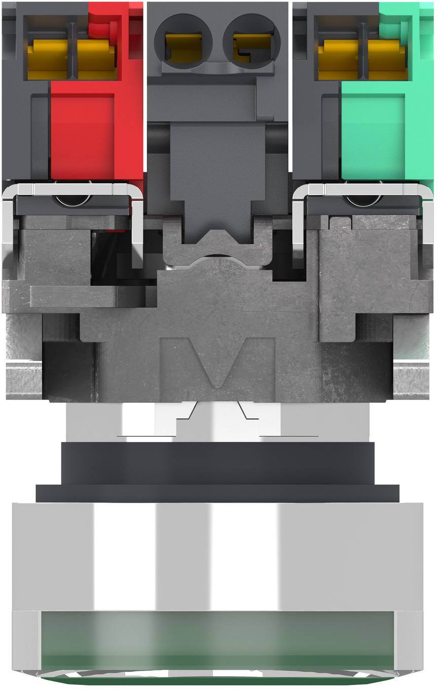 Cross-section of an electrical connector showing internal contacts and color-coded terminals: red left, gray center, green right, mounted on a cylindrical base.<br>