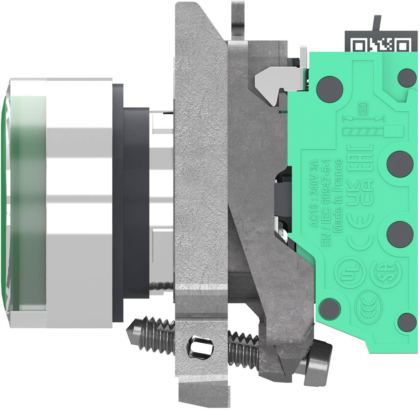 Close-up of an industrial sensor or switch assembly with a green electronic module mounted on a metal housing and connector.
