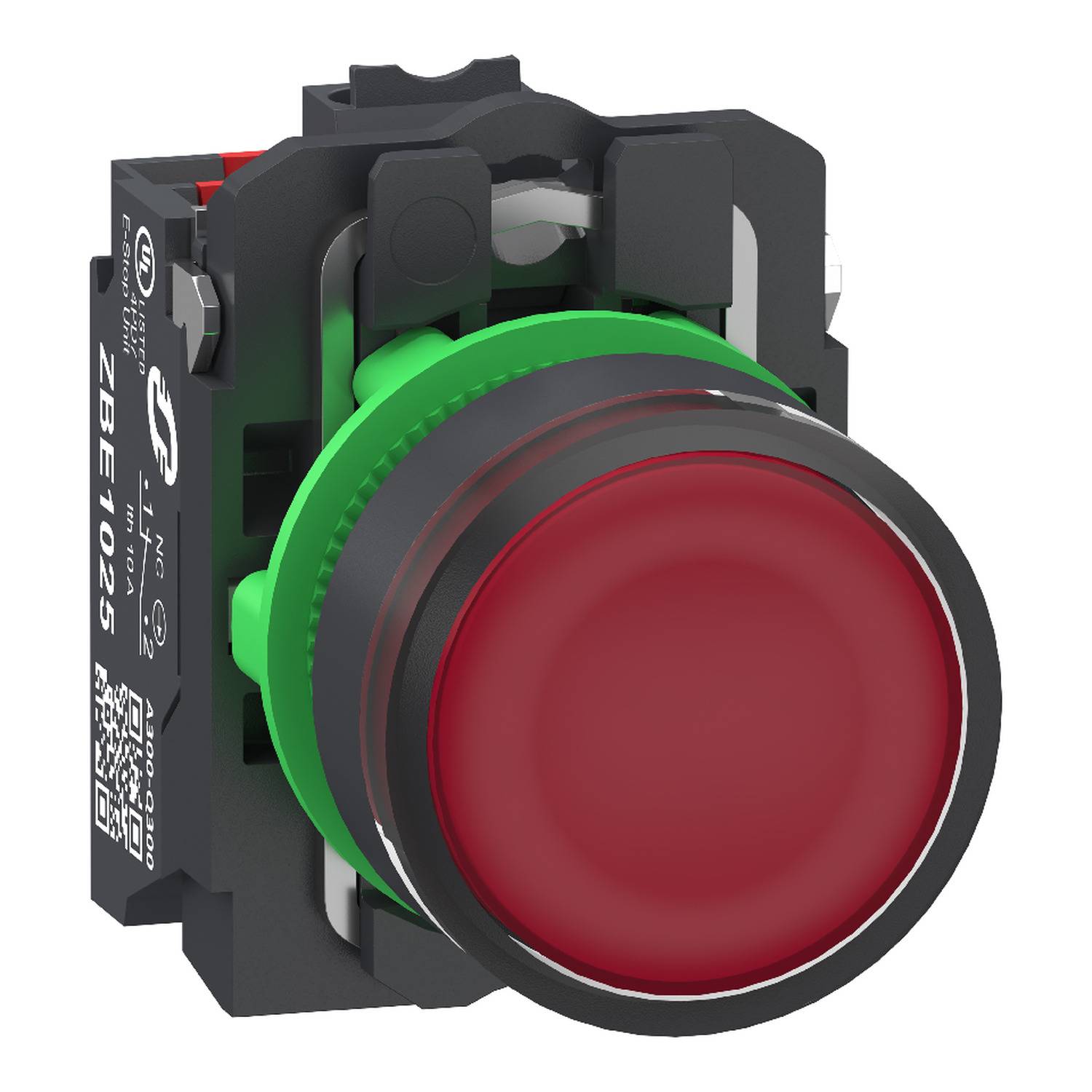 Close-up of a red industrial push-button switch with black housing and green mounting ring, shown on a white background.