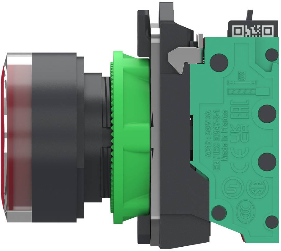 Side view of an industrial push button or switch assembly with a red lens, black housing, green mounting ring, and teal contact block.