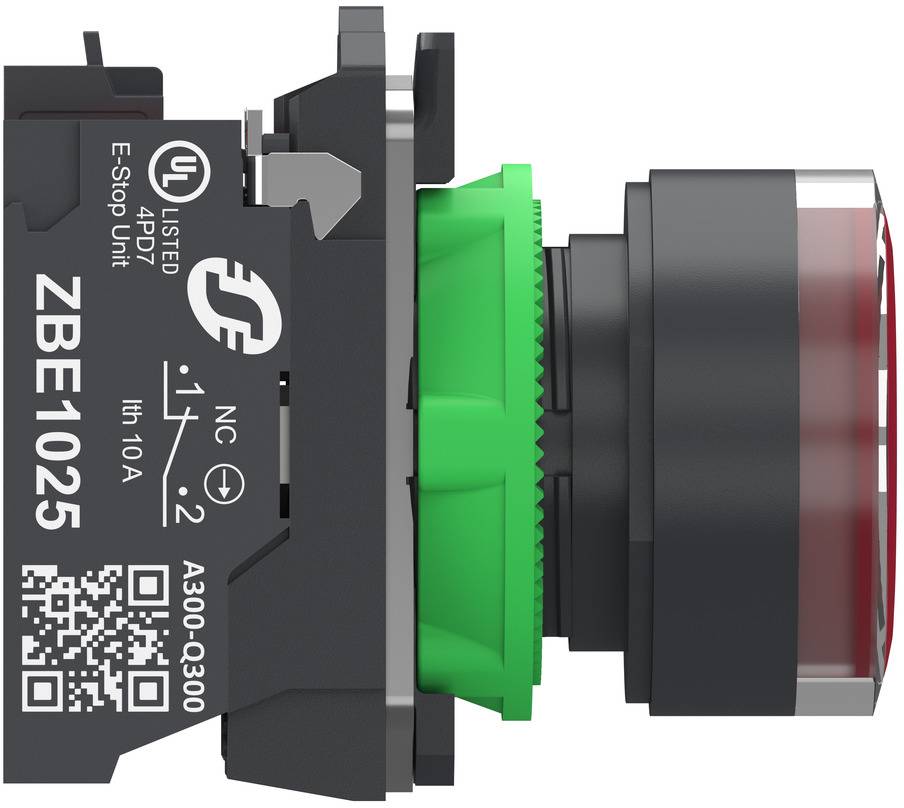 Close-up of an industrial push-button switch with black housing, green collar, and red illuminated cap, labeled 'E-Stop Unit' and 'NC'.