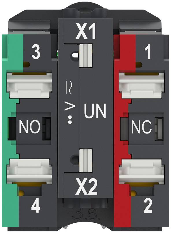 Electrical terminal block labeled X1 and X2, with four numbered contacts: 3 and 4 on the left marked NO, 1 and 2 on the right marked NC, and UN in the center.