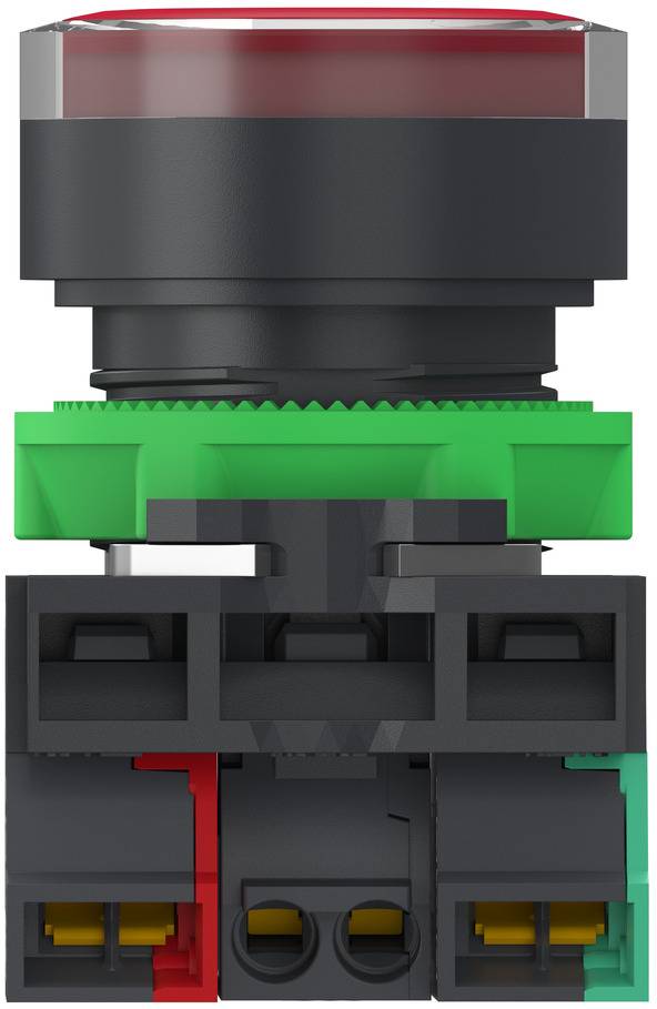Front view of a red emergency stop button switch assembly with black housing and green base, showing internal terminal connections on the bottom.