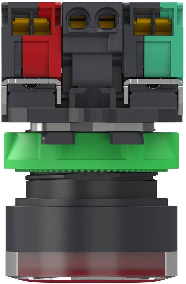 Close-up of a three-position electrical switch or connector with red, gray, and green sections on a black cylindrical base.