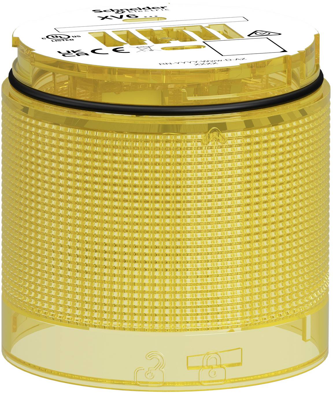 Yellow industrial beacon light with translucent lens and white top labeled 'Schneider Electric'<br>