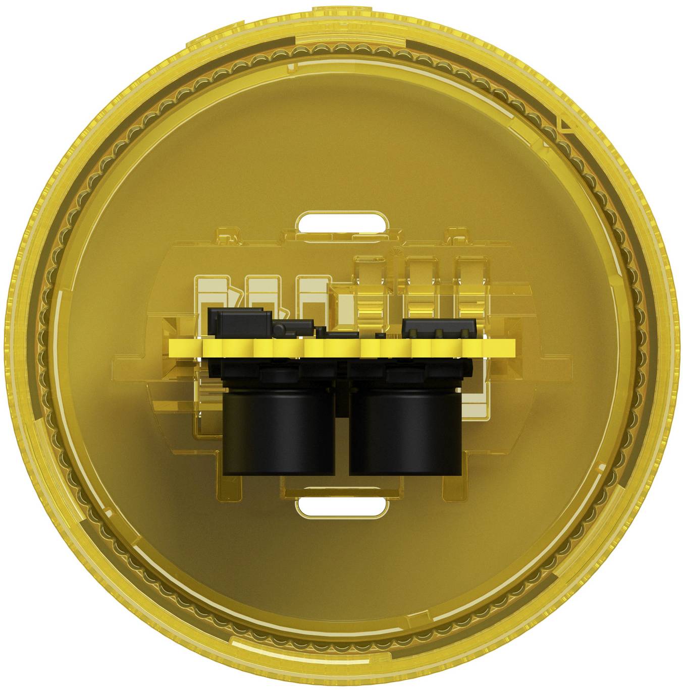Top view of a round yellow plastic electronic component housing with two black cylindrical parts and exposed internal circuitry.