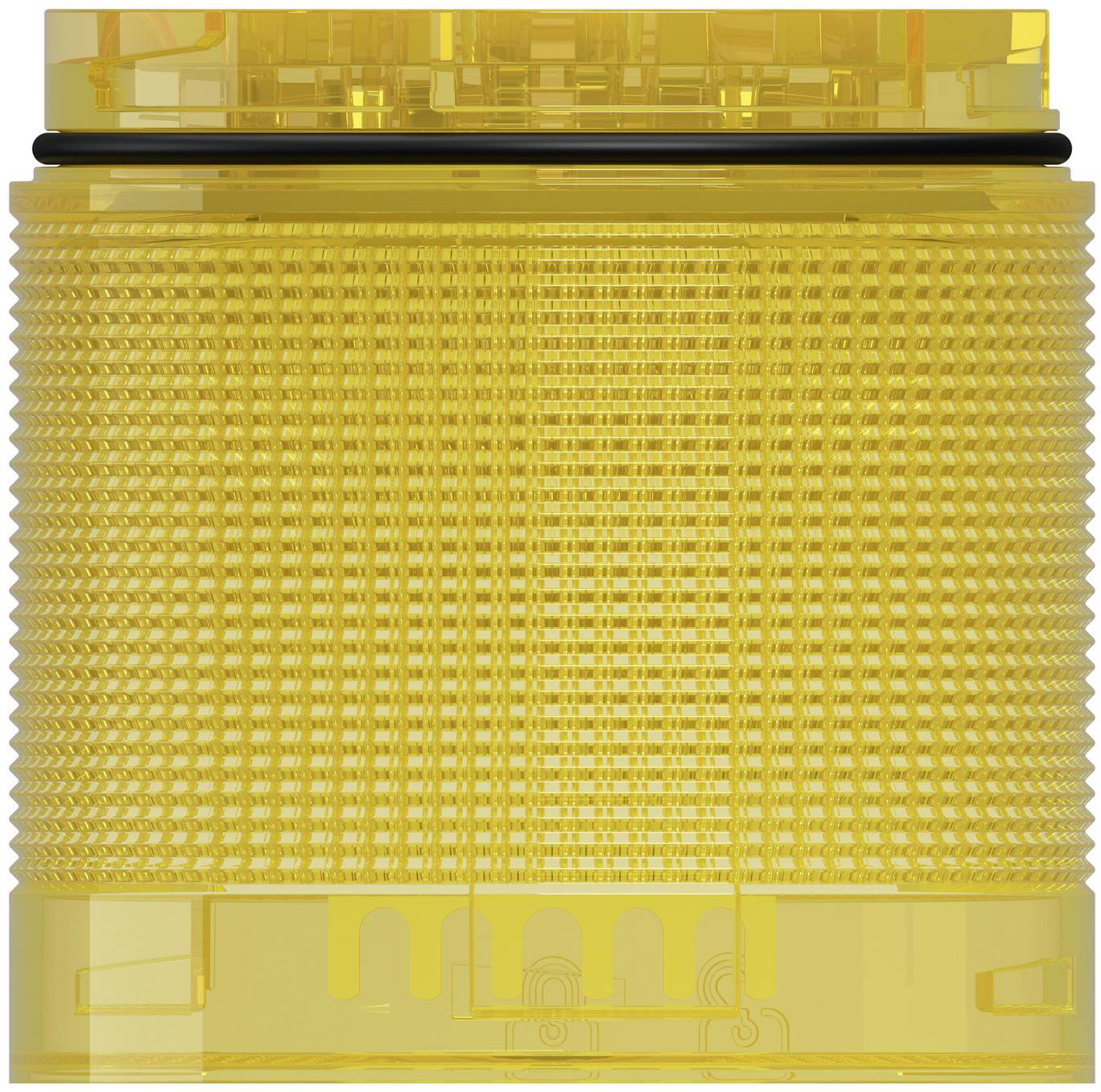 Close-up of a yellow translucent warning beacon with ribbed lens and black ring, shown against a white background.