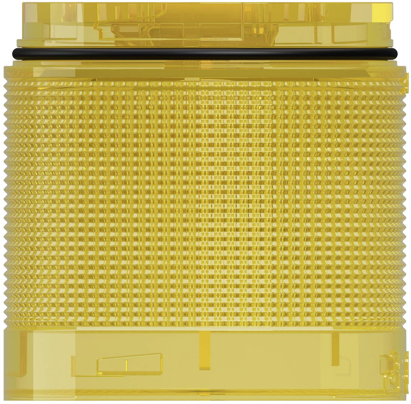 Close-up of a translucent yellow cylindrical LED beacon or warning light with textured lens and black trim.
