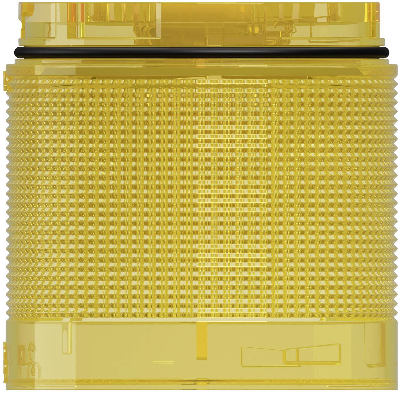 Transparent amber cylindrical industrial component with textured mesh sides and a black sealing ring at the top<br>