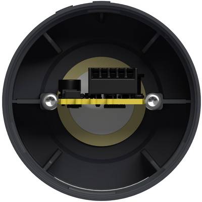 Top view of a circular black electronic housing with a central circuit board mounted across the middle and two silver screws on either side.