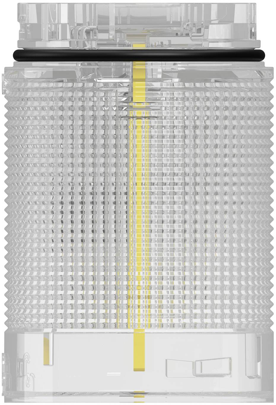 Clear cylindrical light fixture with textured glass and a vertical yellow center strip, shown front view on white background.