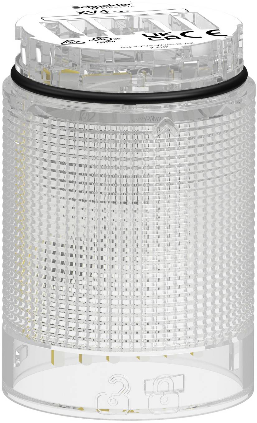 A clear cylindrical plastic device with a textured midsection and a translucent top marked with symbols and numbers, likely a cap or dispenser component.