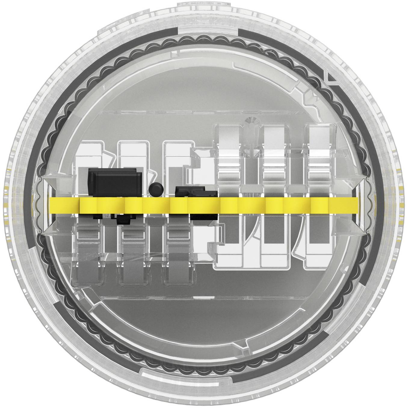 Cross-section of a round mechanical lock or connector showing internal components aligned along a horizontal yellow bar.<br>